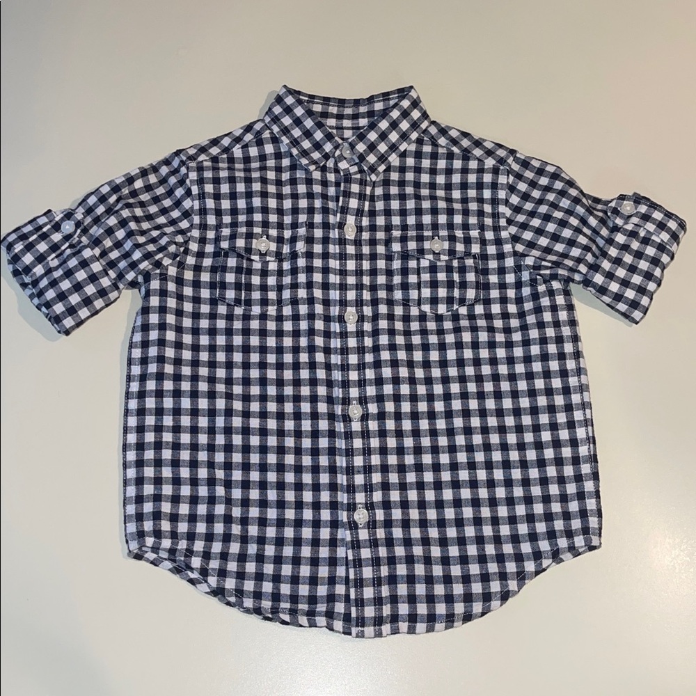 Janie and Jack Linen Cotton Gingham Button Down Shirt in Blue & White